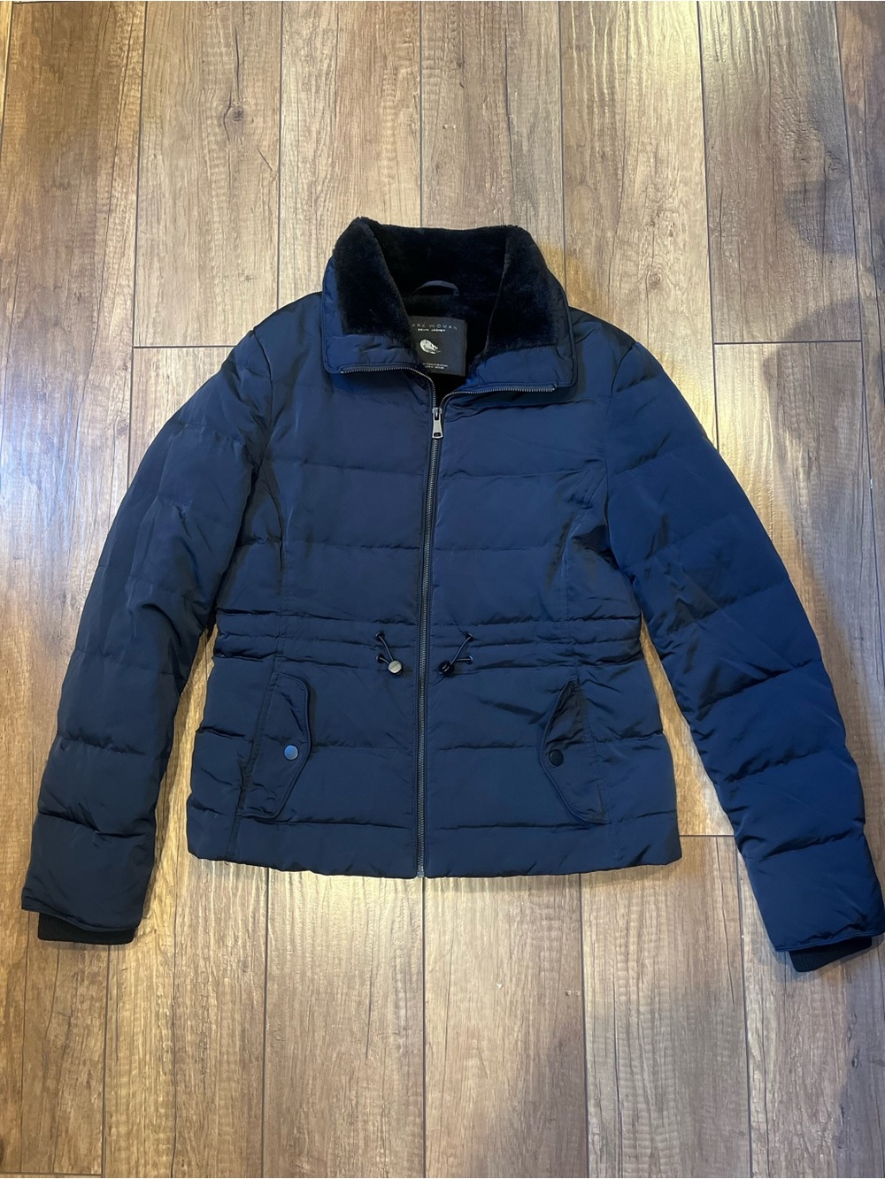 Zara Navy Blue Quilted Down Puffer Jacket with Faux Fur Collar